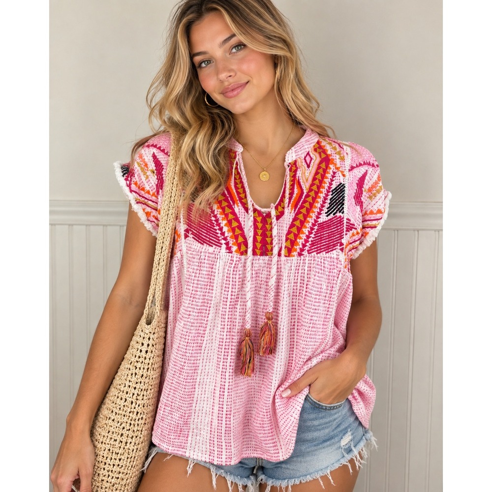 THML Pink Geometric Embroidered Short Sleeve Tunic Top With Tassel Drawstring